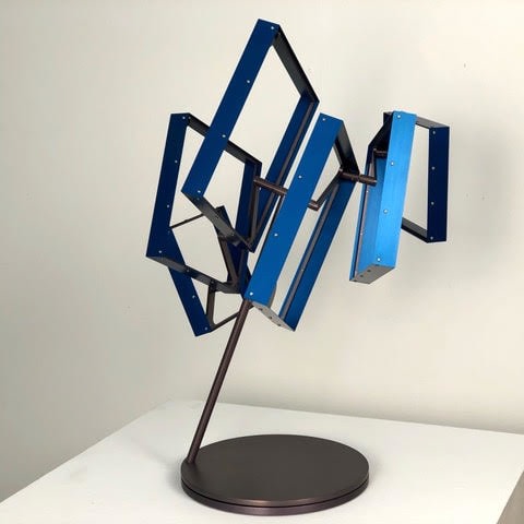 Pedro S. de Movell&aacute;n,&nbsp;VENTANA, 2020. Titanium anodized aluminum, blue anodized aluminum, stainless steel,&nbsp;19 x 16 in. [Maximum Swing] (48.3 x 40.6 cm.)