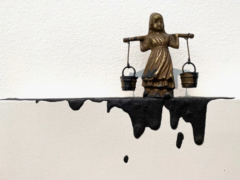 Liliana Porter, The Two Buckets, 2019. Acrylic and bronze figurine on canvas, 27 x 20 x 1 1/2 in. (68.6 x 50.8 x 3.8 cm.) detail