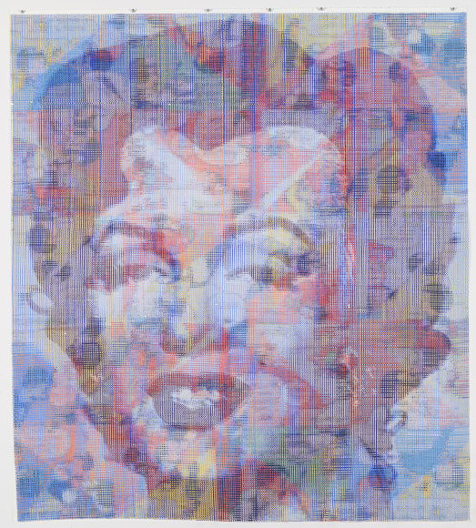 John Sparagana, Marilyn/Nancy 1, 2021. Multiple inkjet prints, sliced and mixed, on paper, Framed: 71 1/2 x 64 1/2 x 1 3/4 in. (181.6 x 163.8 x 4.5 cm.)