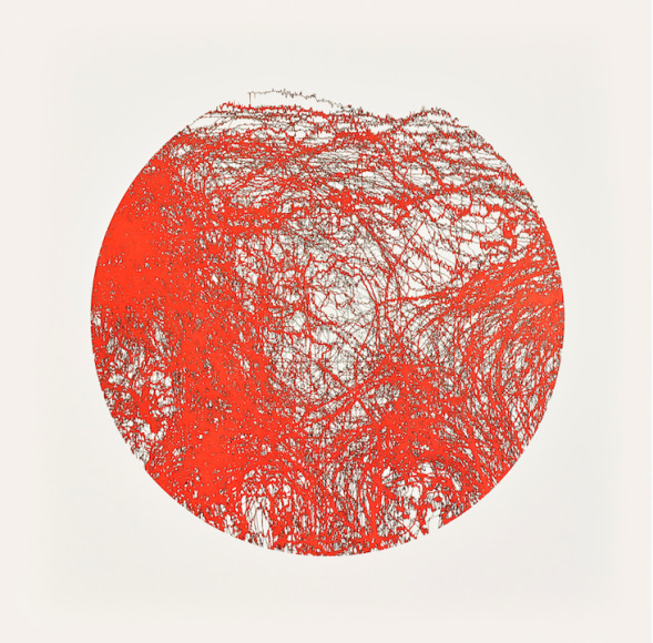 Gustavo D&iacute;az, Not yet titled [triptych, piece 1], 2019. Cut out paper and&nbsp;colored pencil, 18 1/16 x 18 1/16 in. (46 x 46 cm.)