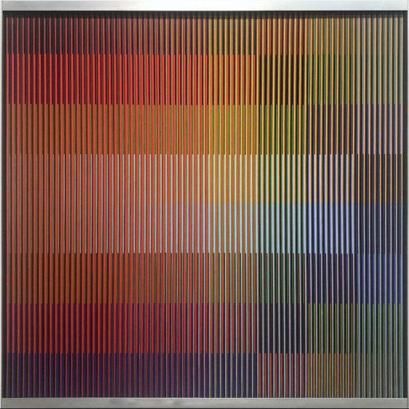 Carlos Cruz-Diez,&nbsp;Physichromie No 693, 1973. Extruded PVC, casein, acrylic insert, wood &amp;amp; aluminum, 31 1/2 x 31 1/2 in.