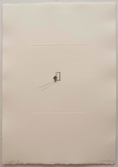 Liliana Porter. La Puerta,&nbsp;2004.&nbsp;Etching and metal figurine on paper,&nbsp;22.5 x15.25 in.