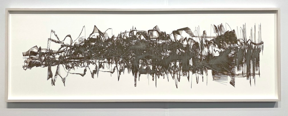 Gustavo D&iacute;az, From the Series: While Stravinsky composes Firebird, Olivier Messiaen flies and draws. [The cardinal is unaware that it comforts you], 2019. Cut out paper, 24 1/2 x 70 1/2 x 2 1/4 in.