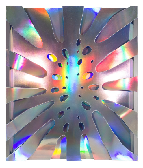 Thomas Glassford.&nbsp;(b. 1963, USA/Mexico.&nbsp;Untitled (Blue), 2014.&nbsp;Holographic paper and anodized aluminum 21 17/32 x 18 1/2 x 1 in. (54.7 x 47 x 2.5 cm.)