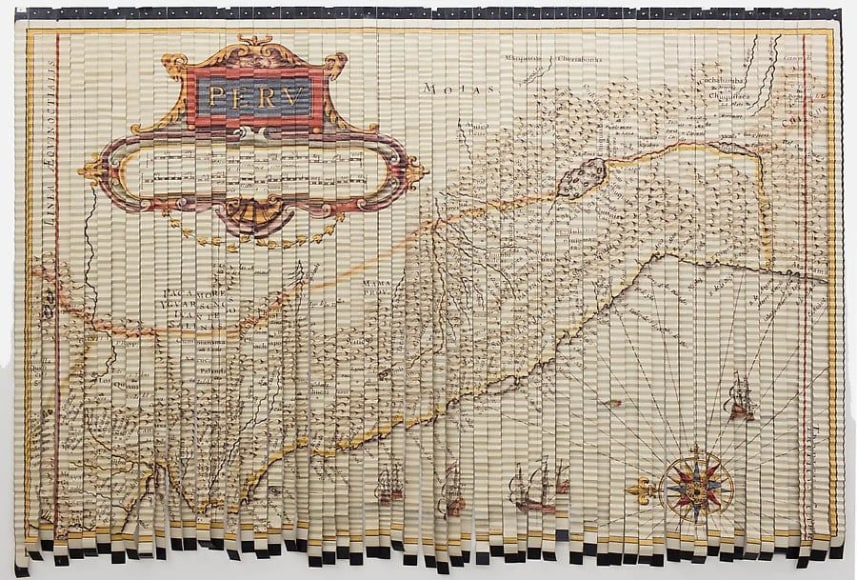 Miguel Angel R&iacute;os, Huellas del Colonizaje, 1992. Pleated photo print of 16th century map, 131.4 in. x 197 in.