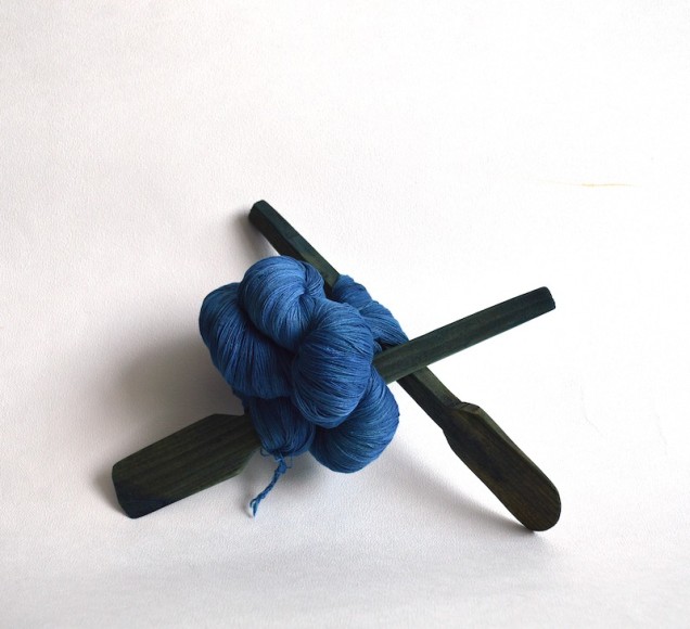 Sandra Monterroso, Efectos Cruzados 9, 2020. Yarn dyed with indig&oacute;fera guatemalensis, and wood, 10 5/8 x 7 13/16 x 5 7/8 in. (27 x 20 x 15 cm.)