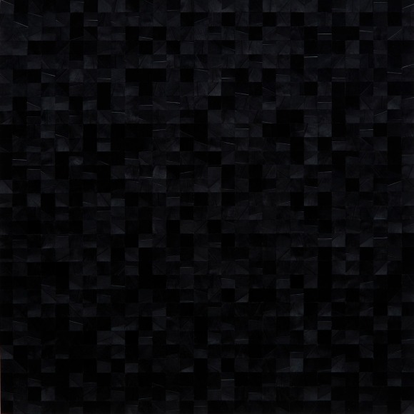 Gabriel de la Mora, 900 V, 2020. Pigmented turkey feathers on museum cardboard, 16 7/8 x 16 7/8 x 1 9/16 in. (43 x 43 x 4 cm.)