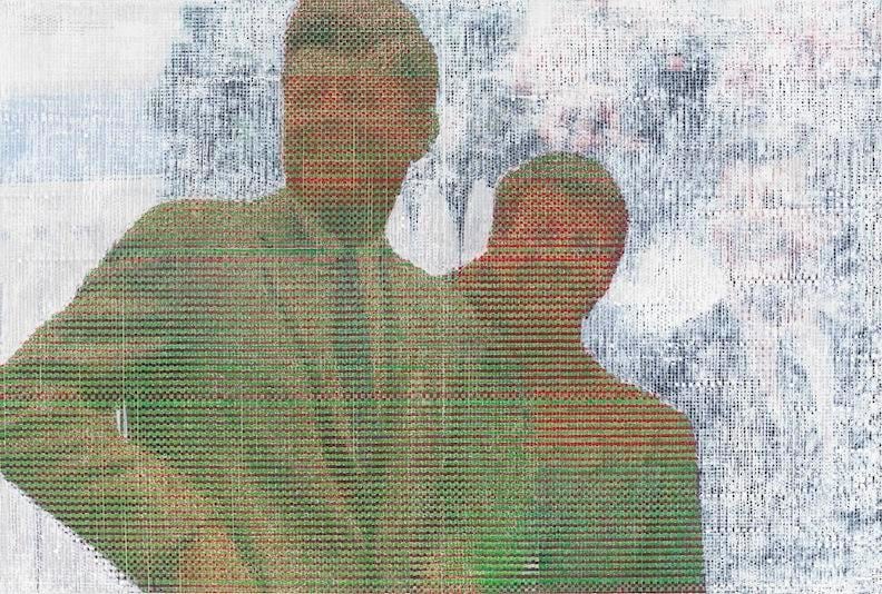 John Sparagana, Crowds &amp;amp; Powder: Kennedy Brothers 2, 2013. Archival inkjet prints with oil stick and oil paint, sliced and mixed, on paper, 20 3/4 in. x 31 1/4 in.