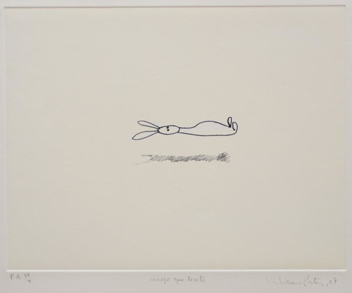 Liliana Porter, Conejo que levita, 2007. Hand colored etching, 15 1/4 in. x 22 1/4 in.