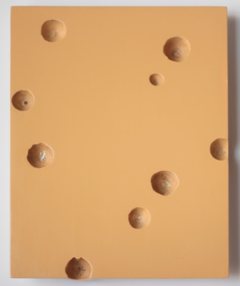 Thomas Glassford, Yellow Open Cluster, 2018. Lacquer, wood, and acorn cupules, 9 13/16 x 7 5/8 in. (24.9 x 19.4 cm.)
