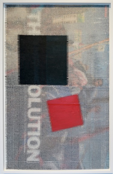 John Sparagana, The Revolution [with Malevich: &quot;Black Square and Red Square,&quot;&nbsp;1915], 2011. Magazine pages with oil stick, sliced and mixed on paper, 19 11/16 x 31 1/2 in. (50 x 80 cm.)