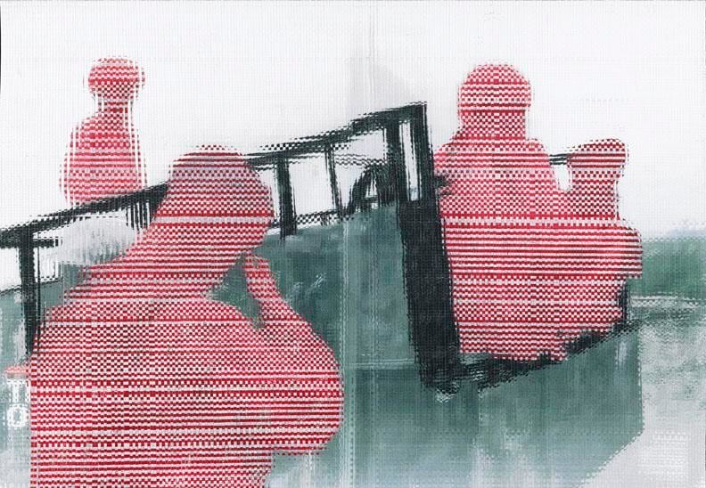 John Sparagana, Crowds &amp;amp; Powder: American Soldier and Afghanis, 2013. Archival inkjet prints with oil stick, sliced and mixed, on paper, 21 1/2 in. x 31 1/4 in.