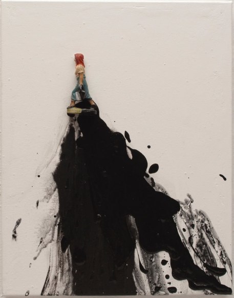Liliana Porter, Black Drip, Women with Red Scarf, 2019, Acrylic and assemblage on canvas, 14  x 11 x 1 1/2 in. (35.6 x 27.9 x 3.8 cm.)