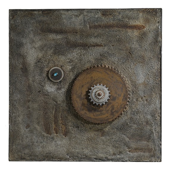 Elsa Gramcko, Mundo que no ha nacido [World not yet born], 1966. Gear, machinery parts and mixed media on wood, 21 5/8 x 21 5/8 in.