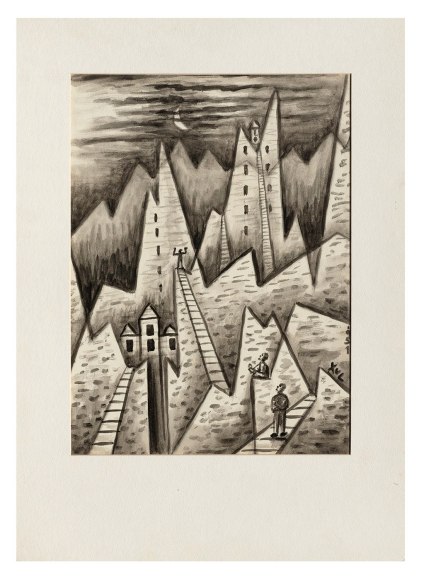 Xul Solar, Pais anguloso. Catalogue Raisonn&eacute; #903, p. 407, 1951. Watercolor and ink on paper mounted on cardboard, 11 3/4 x 8 5/8 in. (29.8 x 21.9 cm.)