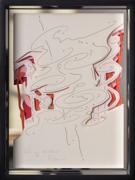 Jorinde Voigt, Study of Reality VIII, 2021. Ink and graphite on paper, collage mounted on mirror glass,&nbsp;11 3/4 x 8 1/4 x 0 3/4 in. (29.7 x 21 x 1.8 cm.)