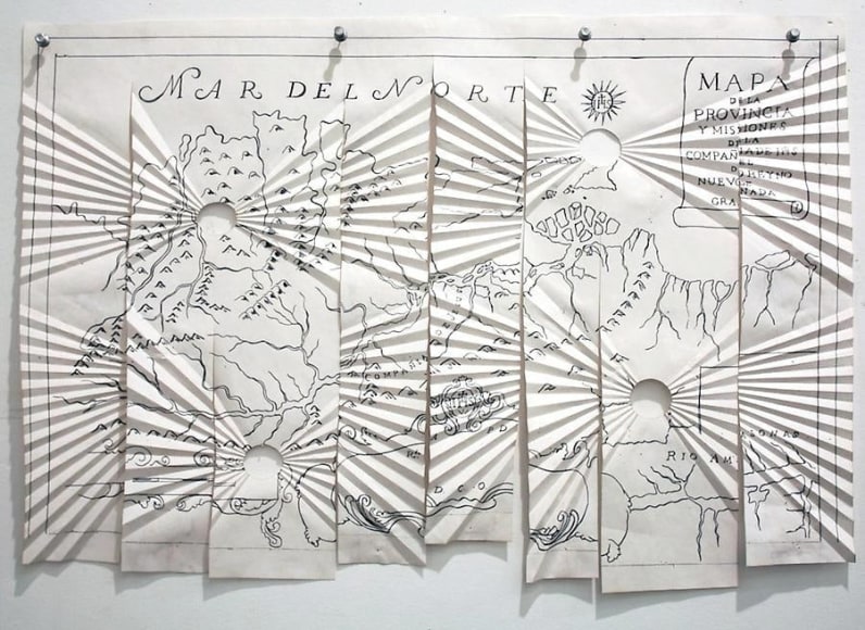 Miguel Angel R&iacute;os, Critica Post-colonial #5, 1993. Photo-print, ink on pleated paper and push pins, 24 in. x 16 1/2 in.