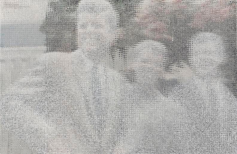 John Sparagana, Crowds &amp;amp; Powder: Kennedy Brothers 3, 2013. Fatigued magazine pages with oil stick, sliced and mixed, on paper, 19 3/4 in. x 30 1/4 in.