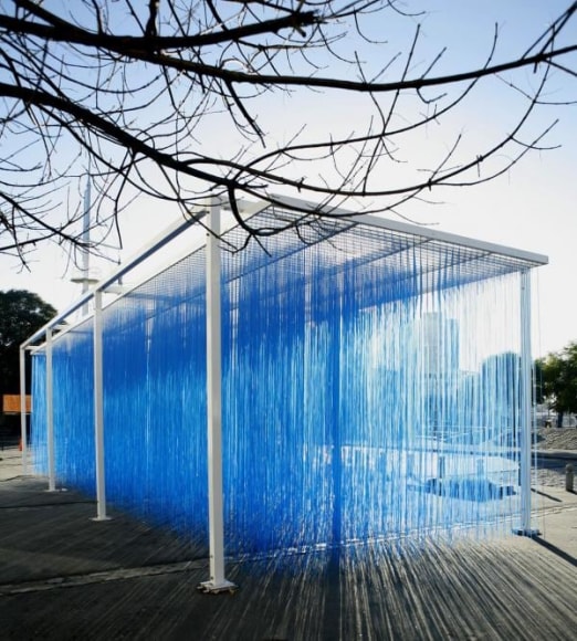 Jes&uacute;s Rafael Soto,&nbsp;Penetrable BBL Bleu, 1999/2007 (Edition AVILA 2007; edition 8/8), painted steel and suspended polyvinyl chloride (PVC) tubes, three size configurations (1) 143 11/16 &times; 177 1/8 &times; 236 3/16 in.; (2) 143 11/16 &times; 177 1/8 &times; 393 11/16 in.; (3) 143 11/16 &times; 177 1/8 &times; 5511/8 in., Los Angeles County Museum of Art, purchased with funds provided by Ronald A. Belkin, Alice and Nahum Lainer, Willow Bay and Bob Iger, Colleen and Brad Bell, Lynda and Stewart Resnick, Mary Solomon, C. E. Horton, Hana Kim and Kelvin Davis, Ann Colgin and Joe Wender, Rebecka and Arie Belldegrun, the Louis L. Borick Foundation, Andy and Carlo Brandon-Gordon, Mary and Daniel James, Janet Dreisen Rappaport, Nadine and Fredric D. Rosen, Florence and Harry Sloan, Susan and Eric Smidt, Estrellita and Daniel Brodsky, Wendy Stark Morrissey, and Surpik and Paolo Angelini through the 2020 Collectors Committee, &copy; Jes&uacute;s Rafael Soto. Installation view of&nbsp;Penetrable BBL Bleu, 1999,&nbsp;Art Contemporain, La Voie des Arts, Saint-Loubouer, 2009, photo: Archives Soto