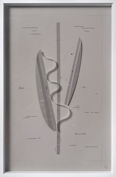 Marie Orensanz, lumi&egrave;re 2, 2012. Folded paper, mixed media on paper, 24 3/8 in. x 15 3/4 in.