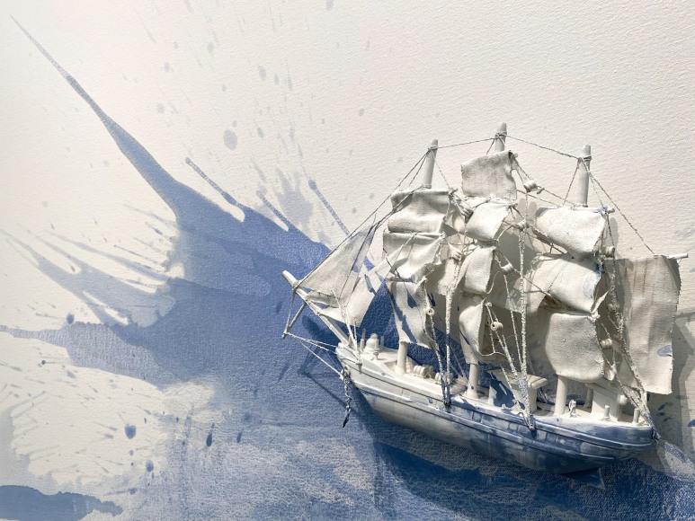 Liliana Porter, Untitled [with white sky], 2019. Acrylic and assemblage on canvas, 48 x 60 x 5 in. (121.9 x 152.4 x 12.7 cm.) detail