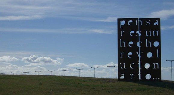 Marie Orensanz, installation at the Monumento a las V&iacute;ctimas del Terrorismo de Estado. Pensar es un Hecho Revolucionario, two blocks of cut steel, 1999-2009.