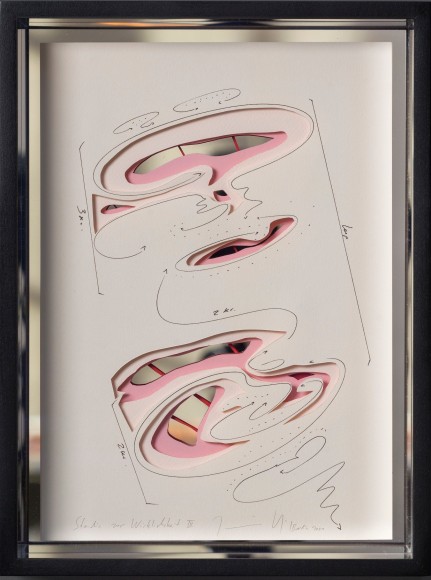 Jorinde Voigt, Study of Reality III, 2021, Ink and graphite on paper, collage mounted on mirror glass,&nbsp;13 5/16 x 10 x 2 3/4 in.