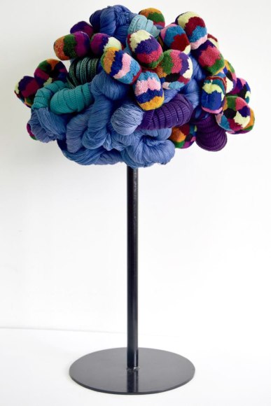 Sandra Monterroso, Vida azul. From the series &quot; Wounds can also be dyed blue.&quot;, 2019. Sculpture, yarn dyed with indigo, and Tocoyales [headdresses made of textiles, part of Mayan clothing in western Guatemala]. Assembled in steel., 23 9/16 x 23 9/16 x 15 3/4 in.