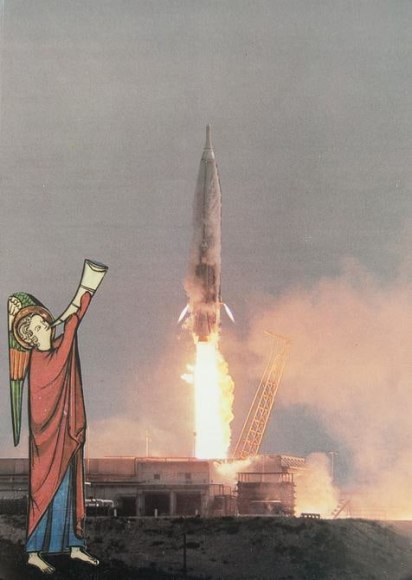 Le&oacute;n Ferrari, Lanzamiento, 1986. Collage, 11 15/16 x 8 3/4 in. / 30.3 x 22.3 cm.