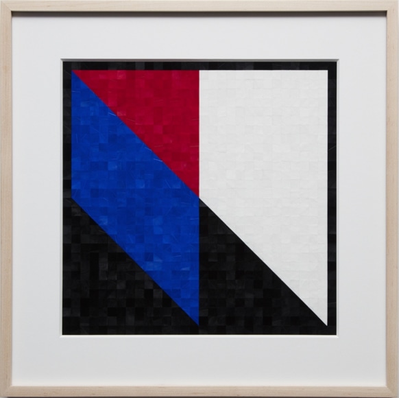 Gabriel de la Mora, 942 II, 2020. Pigmented turkey feathers on museum cardboard, 16 7/8 x 16 7/8 x 1 9/16 in.