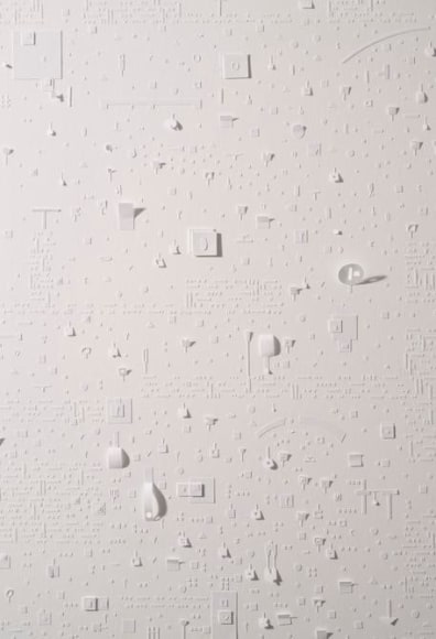 Marco Maggi, White on White Complot, 2017. Paper cuts on paper, 60 x 40 in. / 152.4 x 101.6 cm.