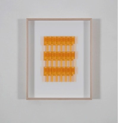 Gabriel de la Mora, CI / 84 V - cl, 2017. Microscope coverslips and lacquer on cardboard, 16 1/2 x 20 5/8 x 2 3/8 in. / 41.9 x 52.4 x 6 cm.