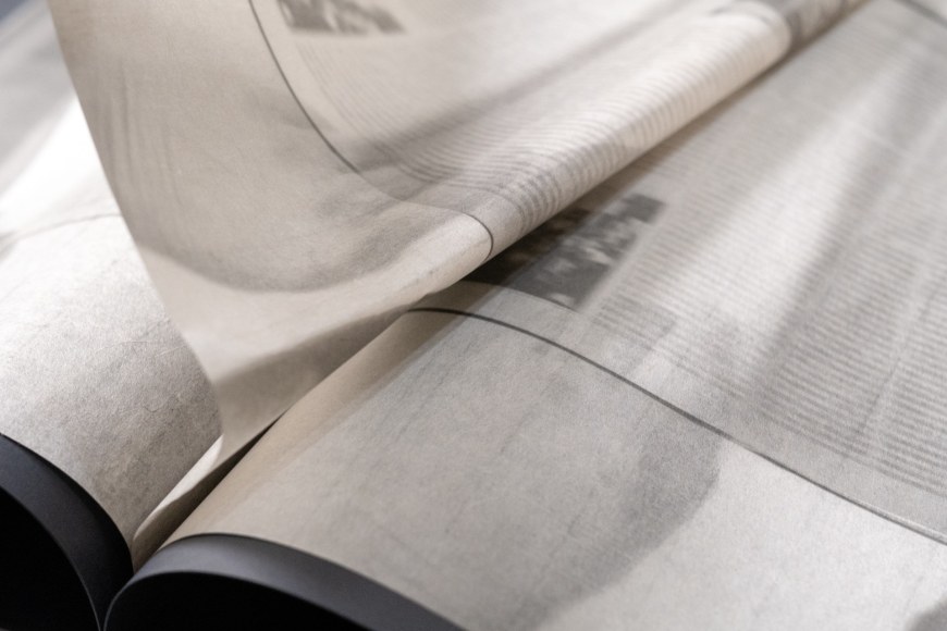 Oscar Mu&ntilde;oz, Libro Abierto (detail), 2019. Three prints on polymer plate stamped on both sides of Arte Bambu &amp;amp; Zonzo 25 gr. paper, 16 3/8 x 13 3/4 in. [closed] (41.5 x 35 cm.), 16 3/8 x 27 1/8 in.&nbsp;(41.5 x 69 cm.) [opened].&nbsp;