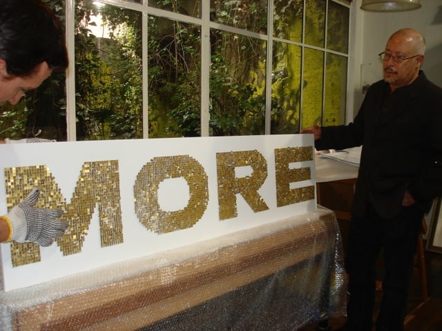 Miguel &Aacute;ngel Rojas in his studio in Bogot&aacute;, Colombia,&nbsp;producing&nbsp;El Capital,&nbsp;Diptych, [Ed. of 3 + 1AP],&nbsp;2009. Acrylic, gold leaf, silver and gold electrolytic, 16 x 66 in.&nbsp;each