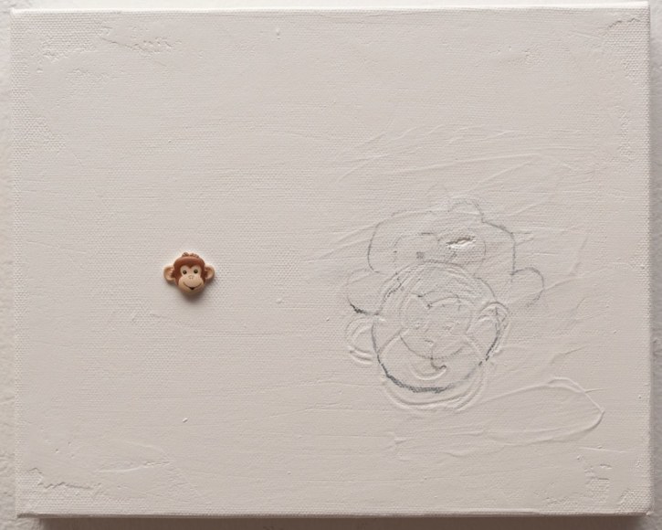 Liliana Porter, The Copy, Monkey, 2019, Acrylic, collage and graphite on canvas, 8 x 10 x 1 1/2 in. (20.3 x 25.4 x 3.8 cm.)