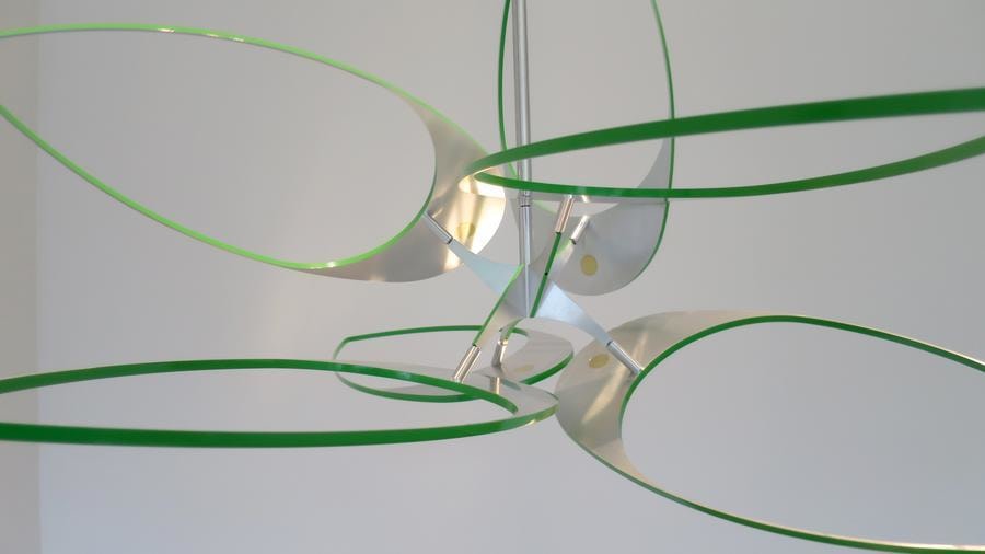 Pedro de Movellan, Lunette, 2016. Brushed aluminum and brass, powder coated aluminum, stainless steel, 34 x 36 in. / 86.4 x 91.4 cm.