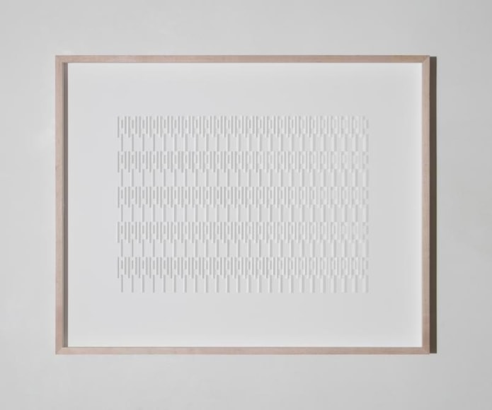 Gabriel de la Mora, CI / 940 III, 2017. Microscope coverslips on cardboard, 41 x 33 x 3 1/8 in. / 104.1 x 83.8 x 7.9 cm.