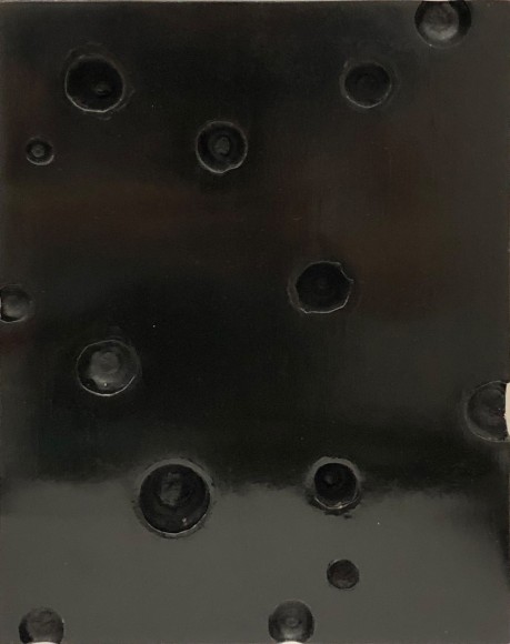 Thomas Glassford, Brown Open Cluster 2, 2018. Lacquer, wood, and acorn cupules, 9 13/16 x 7 5/8 x 1 in. (24.9 x 19.4 x 2.5 cm.)