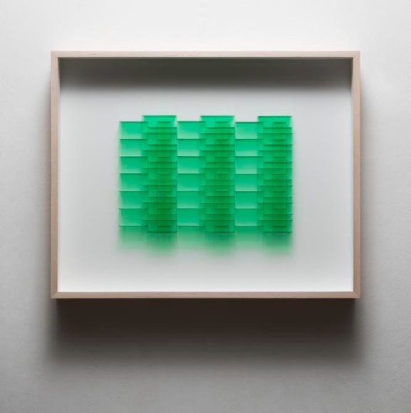 Gabriel de la Mora, CI / 84 IV - cl, 2017. Microscope coverslips and lacquer on cardboard, 16 5/8 x 20 5/8 x 2 3/8 in / 41.9 x 52.3 x 6 cm.