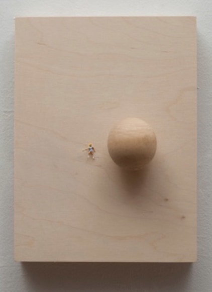 Liliana Porter, Tennis Player [Blue Shorts], 2018. Assemblage on wood, 12 x 9 x 3 3/4 in. (30.5 x 22.9 x 9.5 cm.)