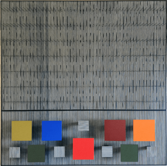 Jesús Rafael Soto, Tes Negra y Color, 1993. Acrylic, metal, wood, 52 5/16 x 52 5/16 x 5 7/8 in. (133 x 133 x 15 cm.)