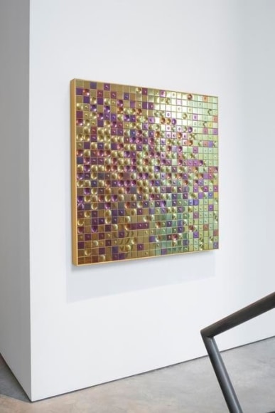 Ana Maria Tavares, On Contamination Series, 2015. Colored stainless steel and anodized aluminum, 47 1/2 in. x 47 1/2 in. x 2 1/2 in. each