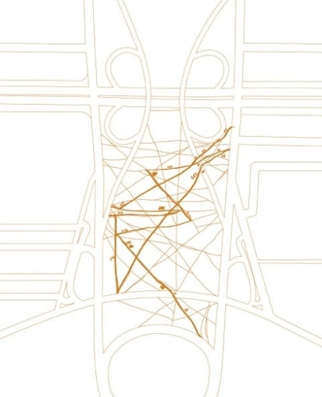 Clarissa Tossin, Bras&iacute;lia by Foot: 2,943 steps, 2009. Custom-made soil ink on vellum. (Ed. 3 + 2AP). 18 1/2 in. x 14 in.