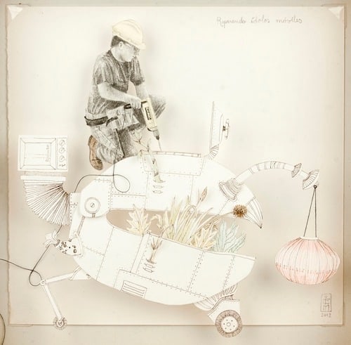 Teresa Currea, Reparando &iacute;dolos m&oacute;viles, 2012, Pencil and ink on paper, 21 x 21 cm