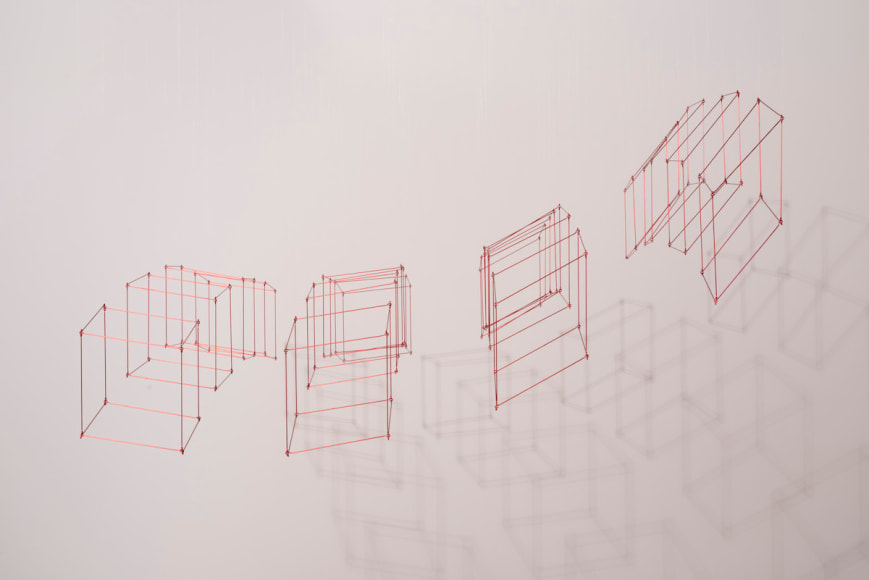 Elias Crespin, Gran 16 cubos rojos, 2020. Painted aluminum, nylon, motors and electronic interface, 71 5/8 x 71 5/8 in. (182 x 182 cm.)