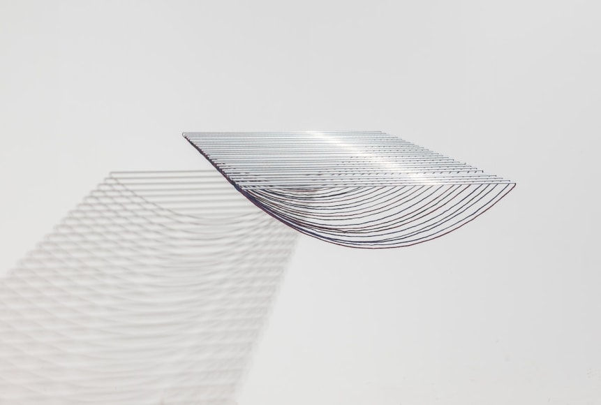 Elias Crespin, La Danza de las catenarias, 2019. Aluminum, wool, motors and electronic interface, 6 11/16 x 51 1/8 x 29 7/8 in. (17 x 130 x 76 cm.)