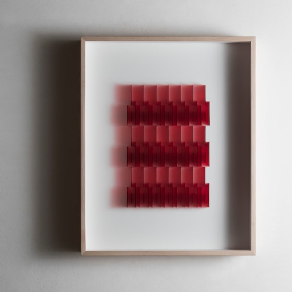 Gabriel de la Mora, CI / 84 III, 2017. Microscope coverslips and lacquer on cardboard, 16 5/8 x 20 5/8 x 2 3/8 in. / 42.1 x 52.3 x 6 cm.