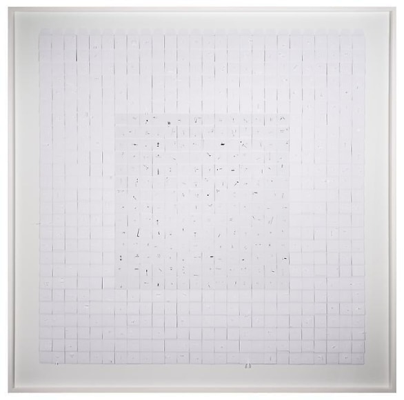 Marco Maggi, Instant Messages, 2013. Cuts and folds on 700 coin envelopes with colored messages, 60 in. x 60 in.