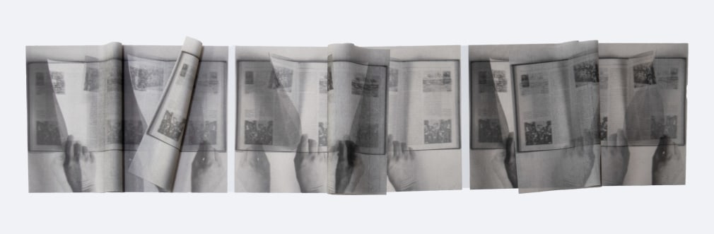 Oscar Mu&ntilde;oz, Libro Abierto (displayed in a grouping of 3), 2019. Three prints on polymer plate stamped on both sides of Arte Bambu &amp;amp; Zonzo 25 gr. paper, 16 3/8 x 13 3/4 in. [closed] (41.5 x 35 cm.), 16 3/8 x 27 1/8 in.&nbsp;(41.5 x 69 cm.) [opened].&nbsp;