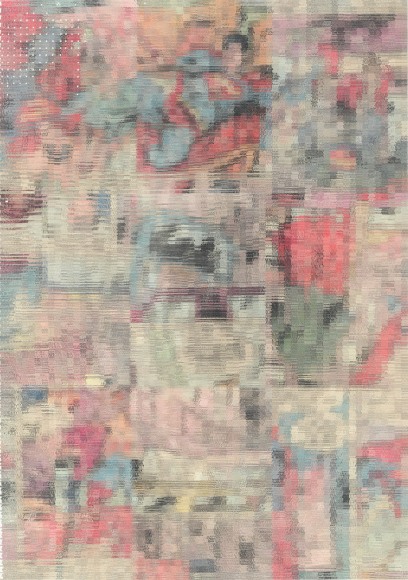 John Sparagana, Hypnogogic Superman Variation 2, 2015. Archival inkjet prints, sliced and mixed on paper, 58 x 40 3/4 in. (147.3 x 103.5 cm.)